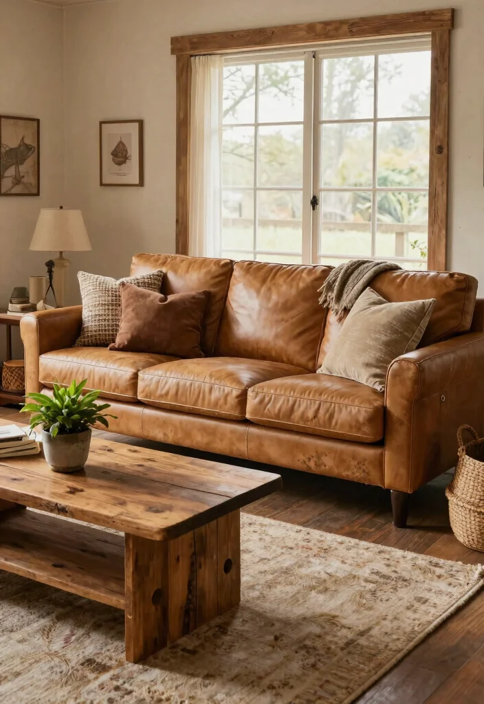 16 Living Room Leather Sofa Ideas: Timeless Masculine Style - 3. Rustic Tan Leather Sofa 1