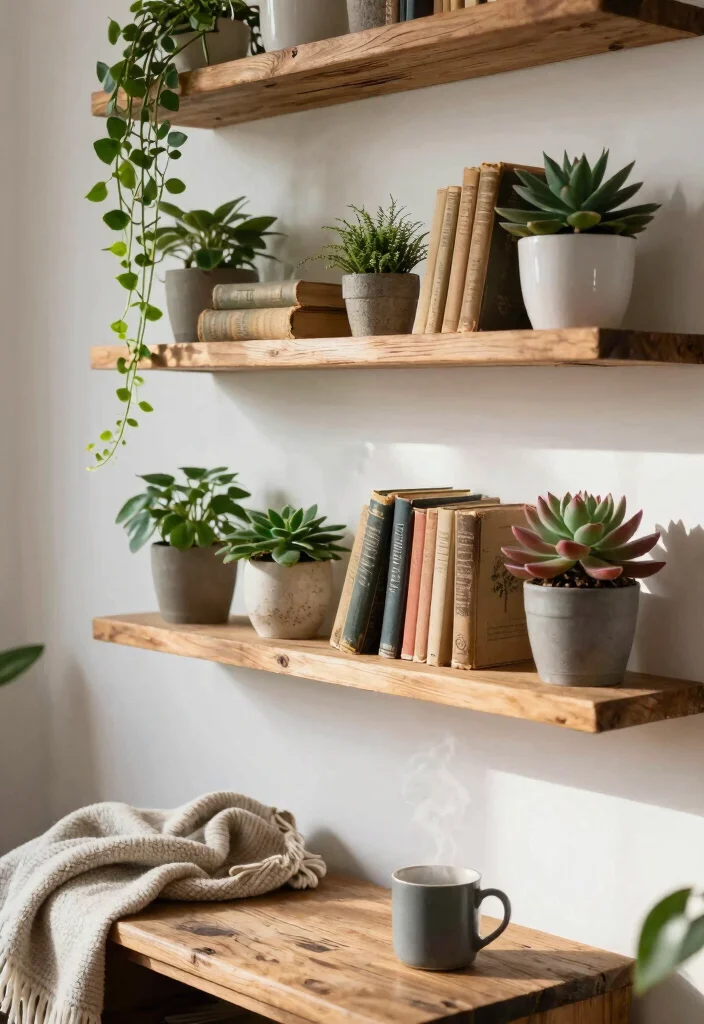 16 Living Room Wall Shelves Ideas for Practical Stylish Storage - 1. Rustic Wood Floating Shelves 1