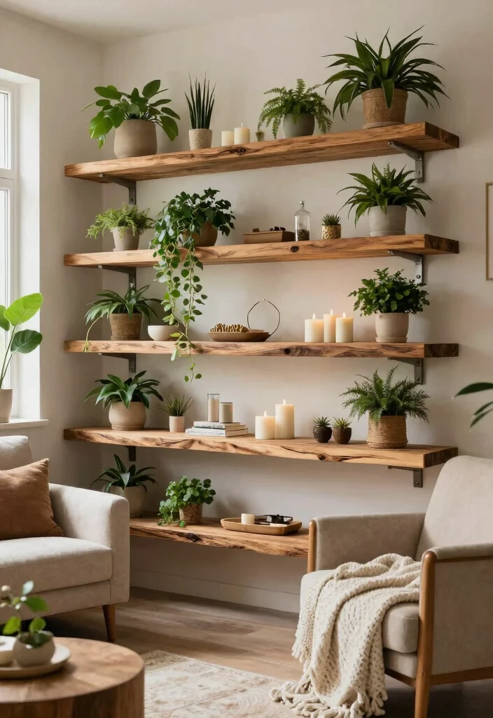 16 Living Room Wall Shelves Ideas for Practical Stylish Storage - 10. Nature-Inspired Shelving 1