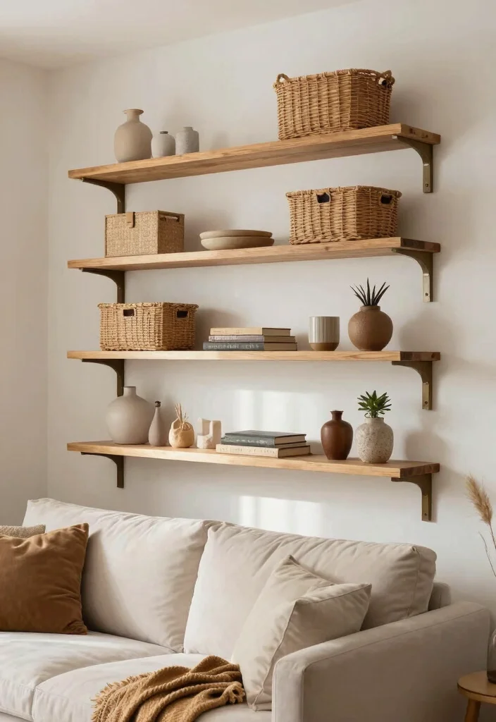 16 Living Room Wall Shelves Ideas for Practical Stylish Storage - 12. Chic Basket Shelving 1