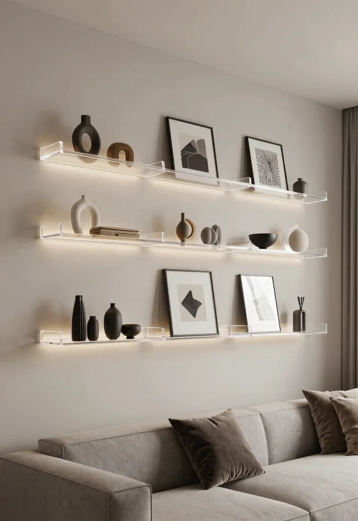16 Living Room Wall Shelves Ideas for Practical Stylish Storage - 14. Wall-Mounted Acrylic Shelves 1