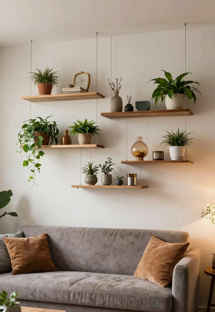 16 Living Room Wall Shelves Ideas for Practical Stylish Storage - 16. Stylish Hanging Shelves 1