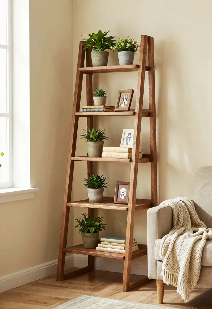 16 Living Room Wall Shelves Ideas for Practical Stylish Storage - 4. Vintage Ladder Shelves 1