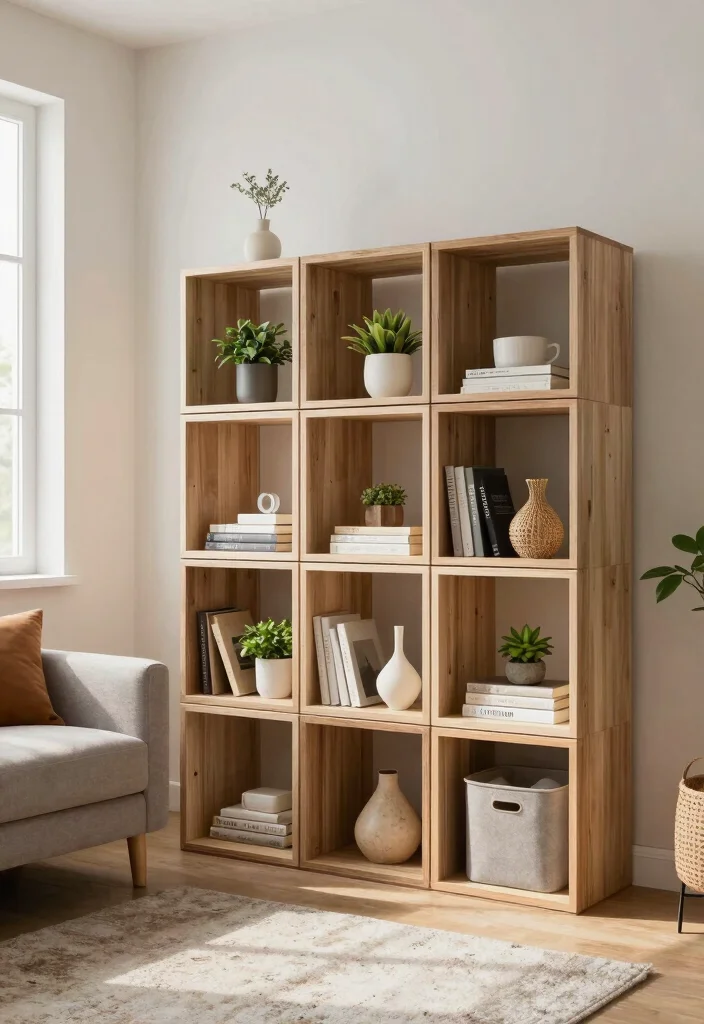 16 Living Room Wall Shelves Ideas for Practical Stylish Storage - 9. Stackable Cube Shelves 1