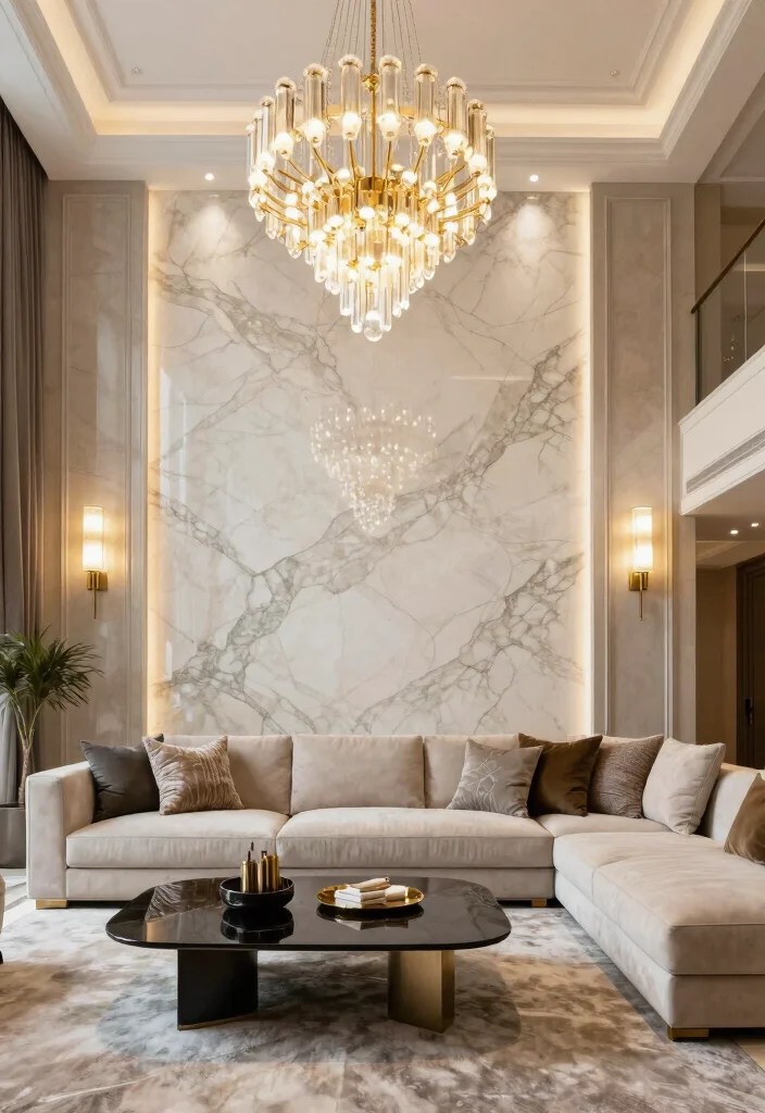 16 Marble Wall Living Room Ideas for a Luxe Hotel Feel - 12. Marble Wall with Statement Lighting 1