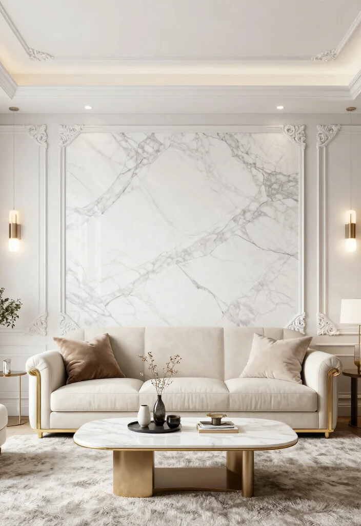 16 Marble Wall Living Room Ideas for a Luxe Hotel Feel - 4. Marble Wall with Decorative Molding 1