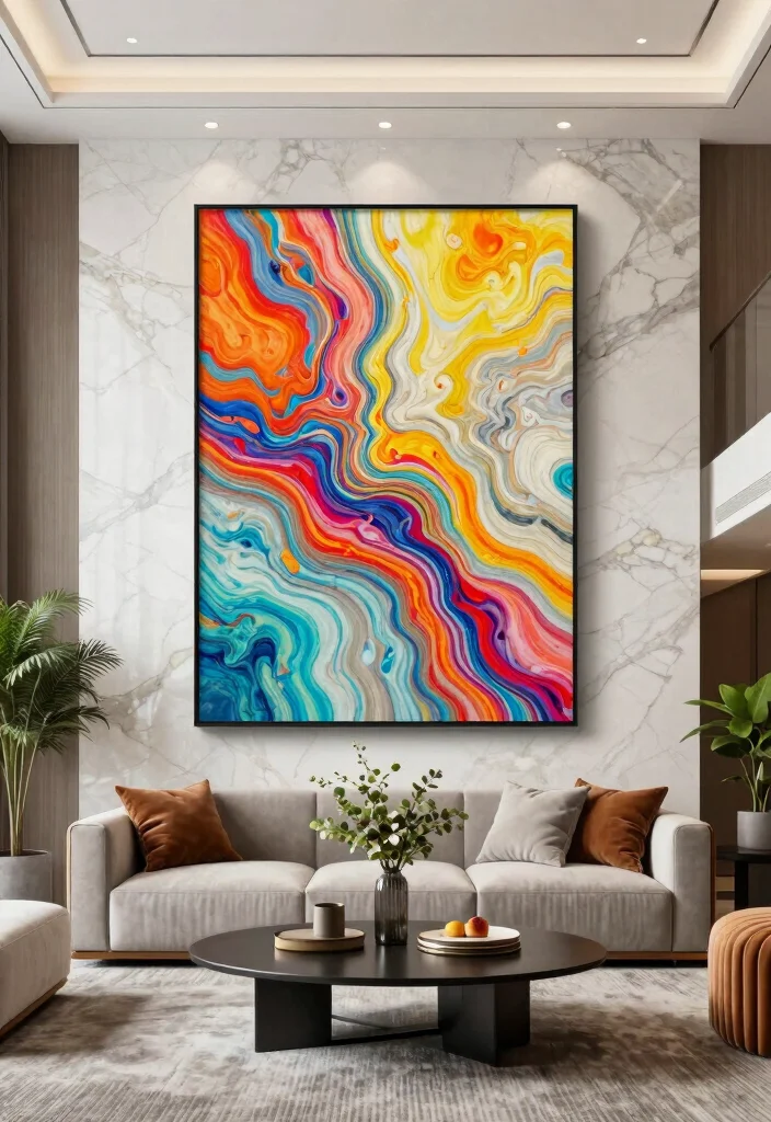 16 Marble Wall Living Room Ideas for a Luxe Hotel Feel - 5. Marble Wall with Art Integration 1