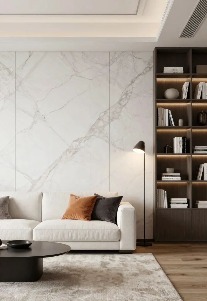 16 Marble Wall Living Room Ideas for a Luxe Hotel Feel - 7. Marble Wall with Vertical Lines 1