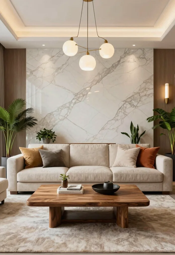 16 Marble Wall Living Room Ideas for a Luxe Hotel Feel - 8. Marble and Wood Fusion 1