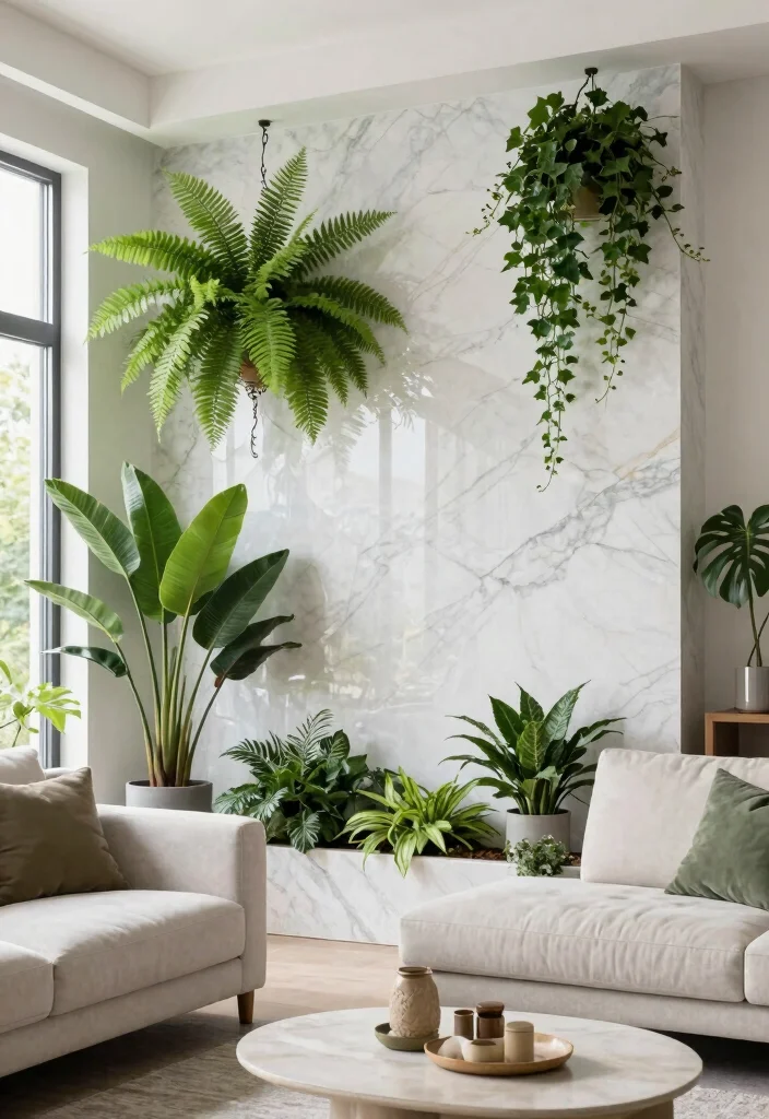 16 Marble Wall Living Room Ideas for a Luxe Hotel Feel - 9. Marble Wall with Greenery 1