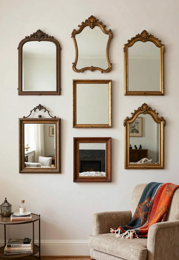 16 Mirror Wall in Living Room Ideas for a Bright, Spacious Look - 11. Vintage Mirror Revival 1
