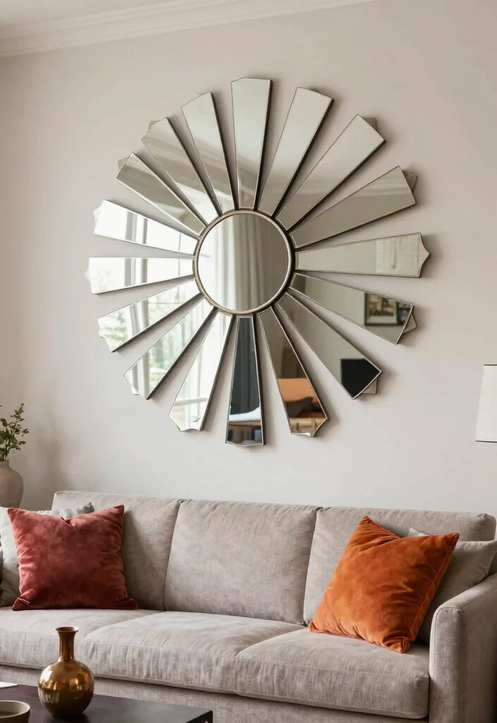 16 Mirror Wall in Living Room Ideas for a Bright, Spacious Look - 12. Mirror Wall Art 1