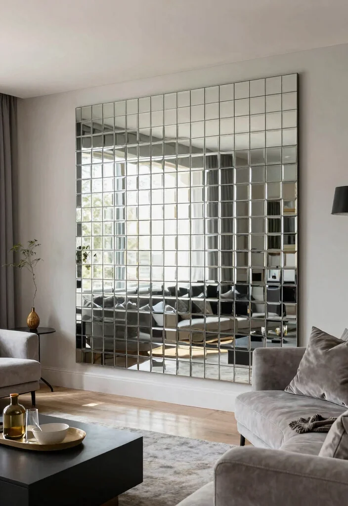 16 Mirror Wall in Living Room Ideas for a Bright, Spacious Look - 14. Mirror Tiled Accent Wall 1