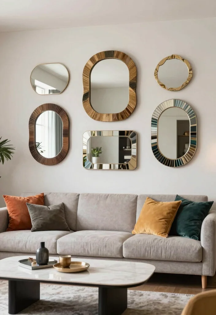 16 Mirror Wall in Living Room Ideas for a Bright, Spacious Look - 15. Custom Mirror Shapes 1
