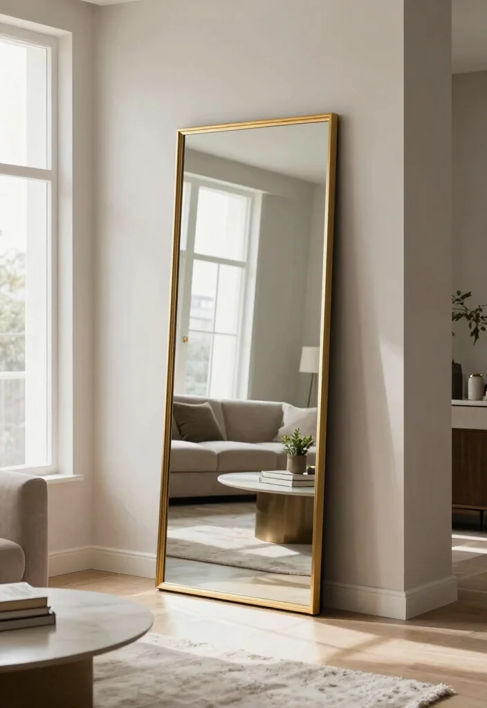 16 Mirror Wall in Living Room Ideas for a Bright, Spacious Look - 2. Full-Length Mirror Statement 1