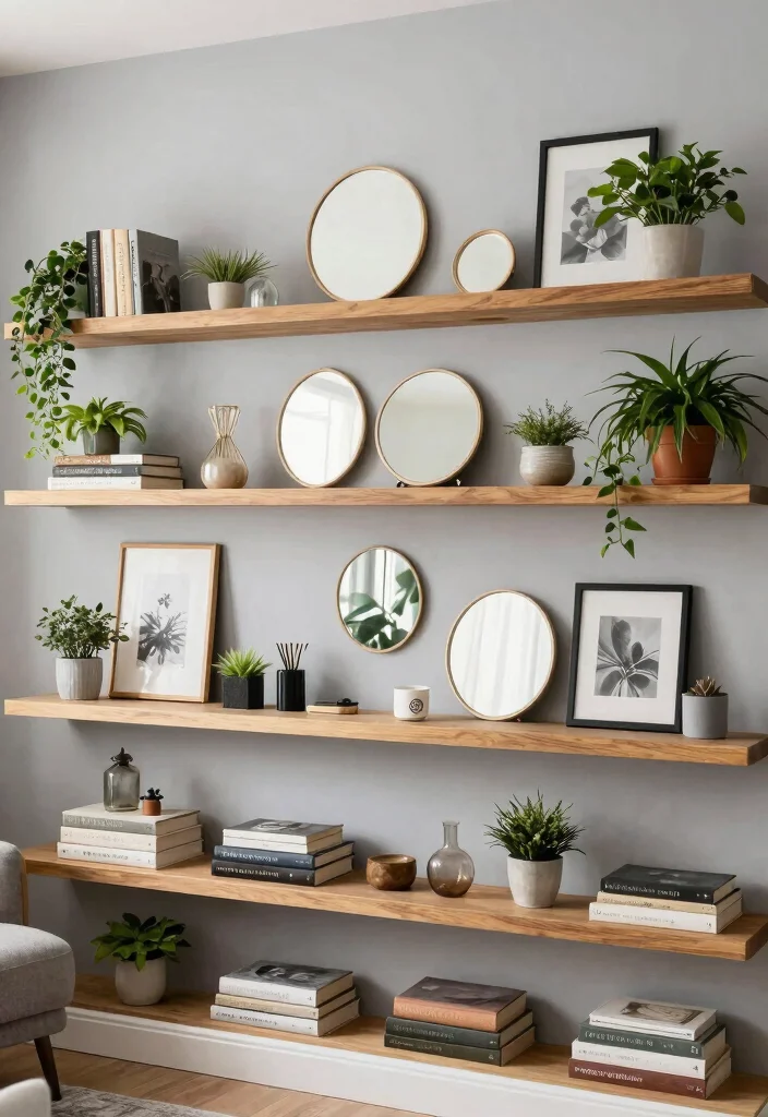 16 Mirror Wall in Living Room Ideas for a Bright, Spacious Look - 3. Mirror Accents on Shelving 1