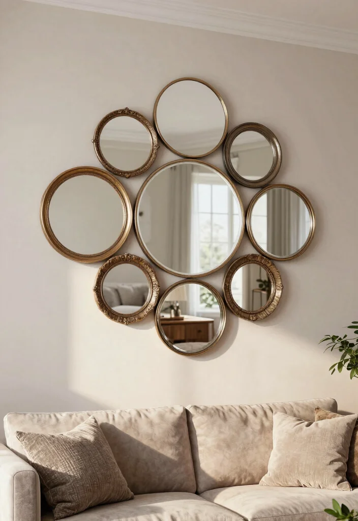 16 Mirror Wall in Living Room Ideas for a Bright, Spacious Look - 4. Round Mirror Cluster 1
