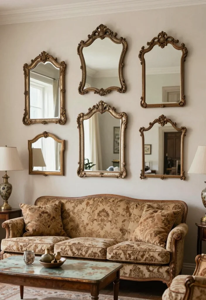 16 Mirror Wall in Living Room Ideas for a Bright, Spacious Look - 5. Antique Mirror Wall Treatment 1