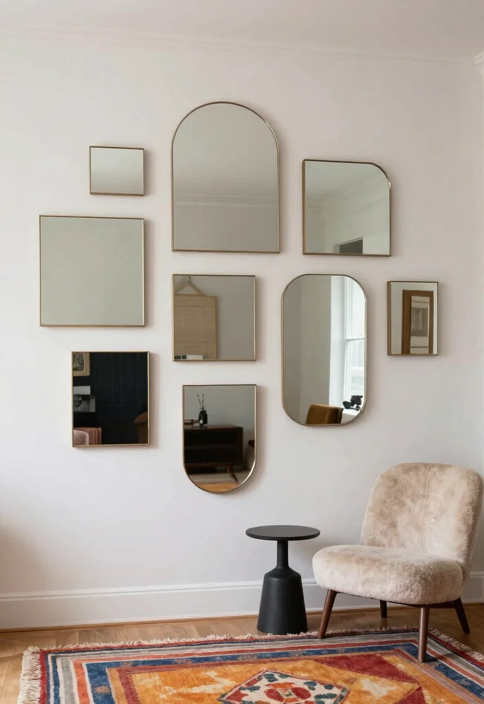 16 Mirror Wall in Living Room Ideas for a Bright, Spacious Look - 7. Asymmetrical Mirror Arrangement 1