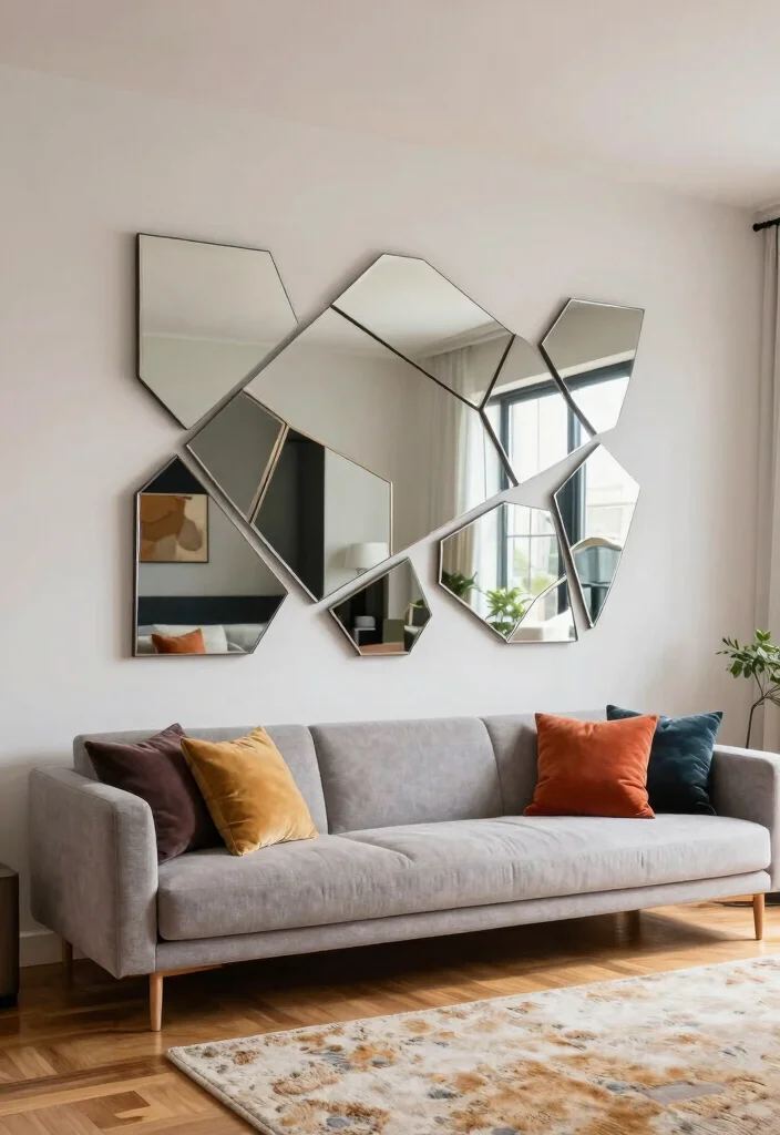 16 Mirror Wall in Living Room Ideas for a Bright, Spacious Look - 9. Modern Geometric Mirror Wall 1