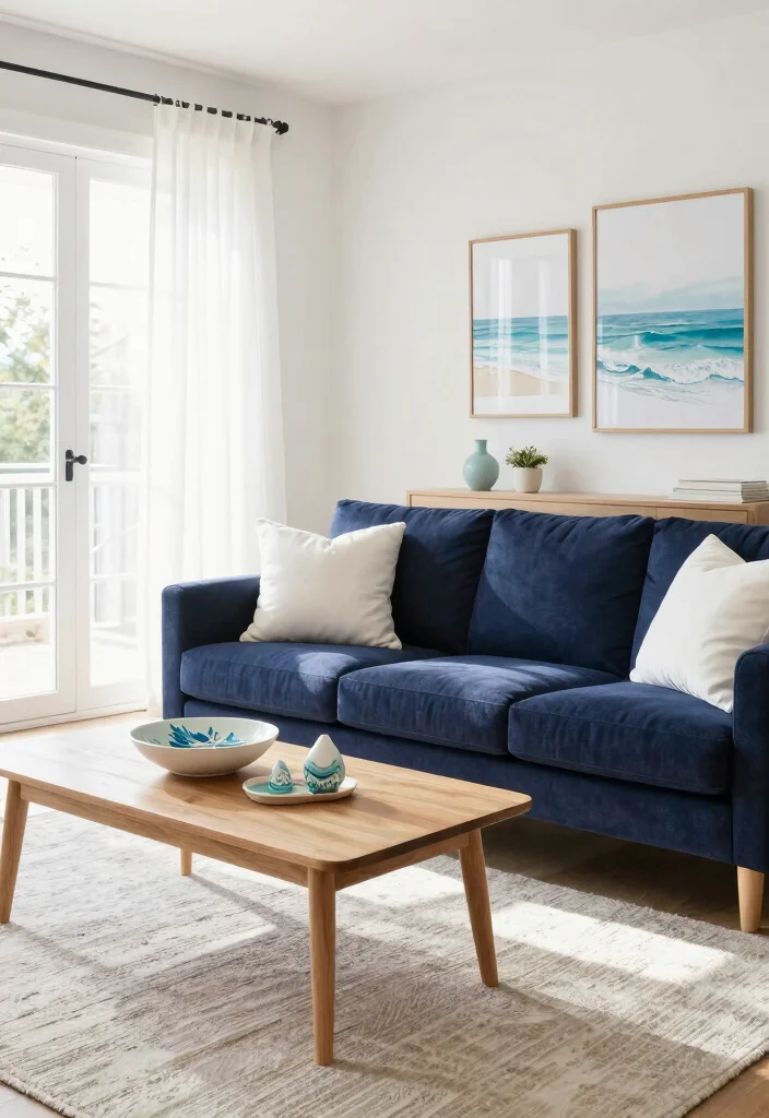 16 Navy Sofa Living Room Ideas: Classic Bold Contrast - 1. Coastal Elegance with White Accents 1