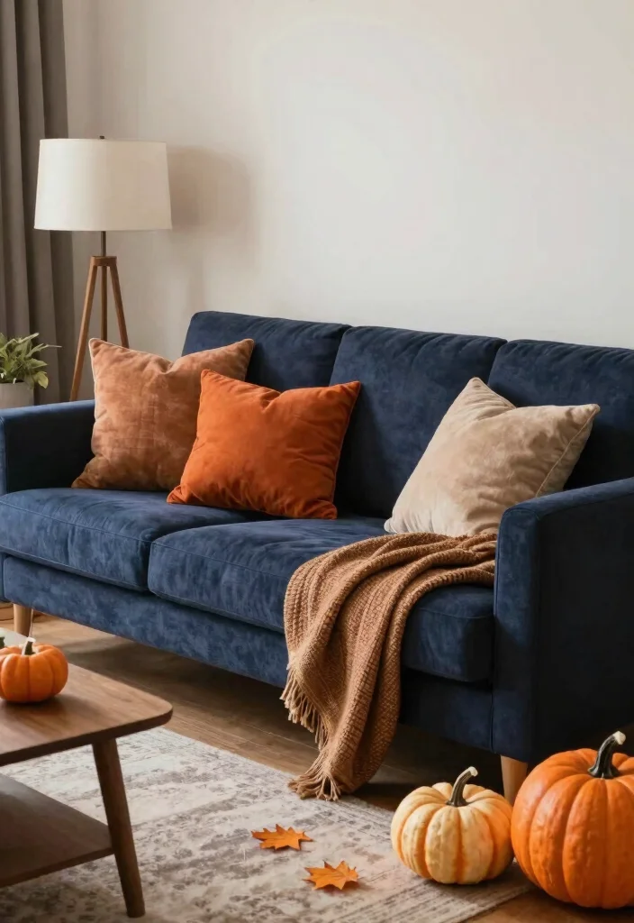 16 Navy Sofa Living Room Ideas: Classic Bold Contrast - 12. Seasonal Decor with Navy as a Base 1
