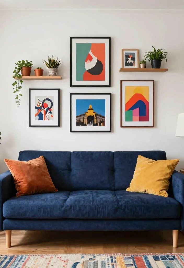 16 Navy Sofa Living Room Ideas: Classic Bold Contrast - 13. Artistic Flair with Gallery Walls 1