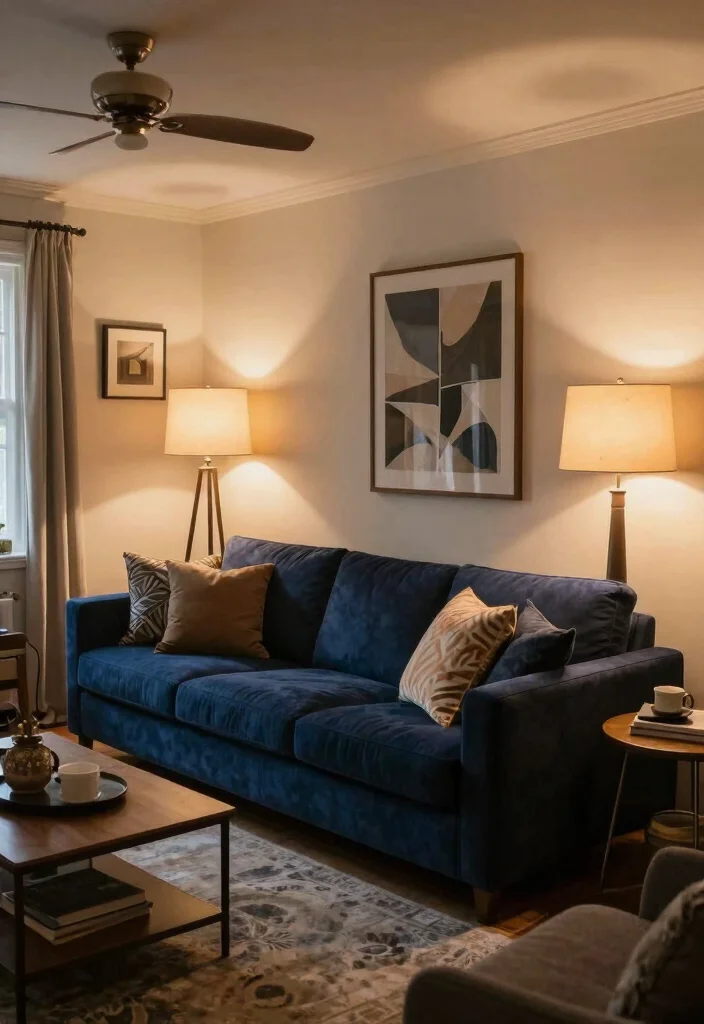 16 Navy Sofa Living Room Ideas: Classic Bold Contrast - 14. Layered Lighting for Ambiance 1
