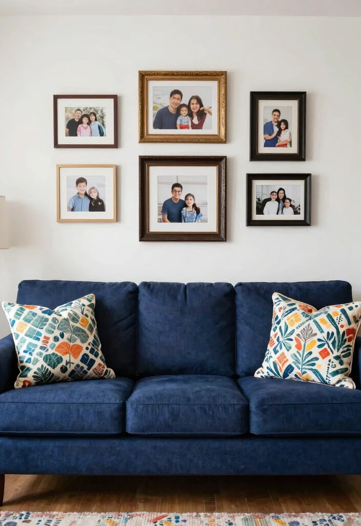 16 Navy Sofa Living Room Ideas: Classic Bold Contrast - 16. Personal Touches with DIY Decor 1