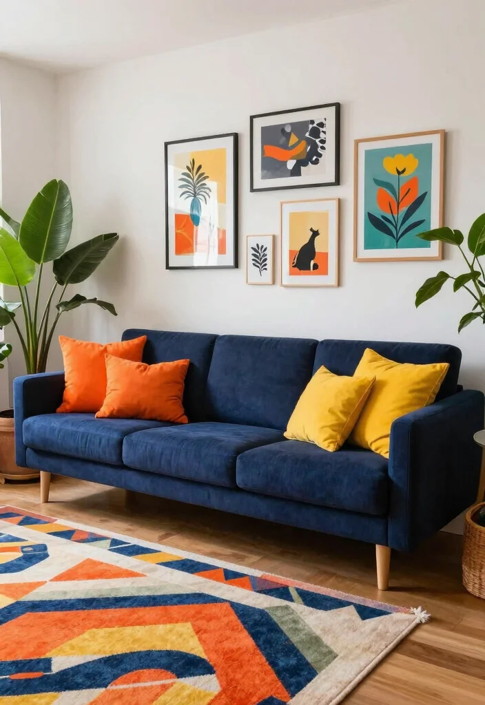 16 Navy Sofa Living Room Ideas: Classic Bold Contrast - 2. Bold and Bright: Mixing Colors 1