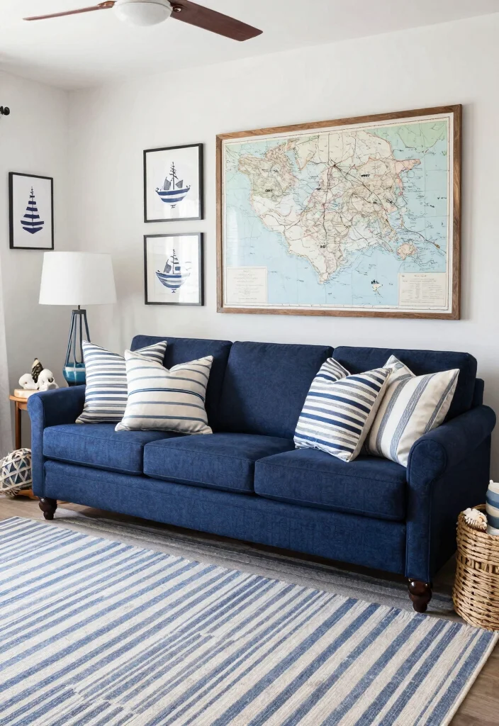 16 Navy Sofa Living Room Ideas: Classic Bold Contrast - 3. Nautical Theme: Stripes and Patterns 1