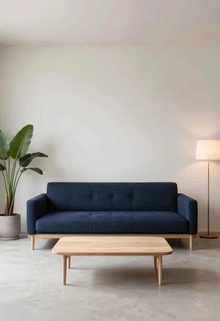 16 Navy Sofa Living Room Ideas: Classic Bold Contrast - 4. Minimalist Approach with Navy Focus 1