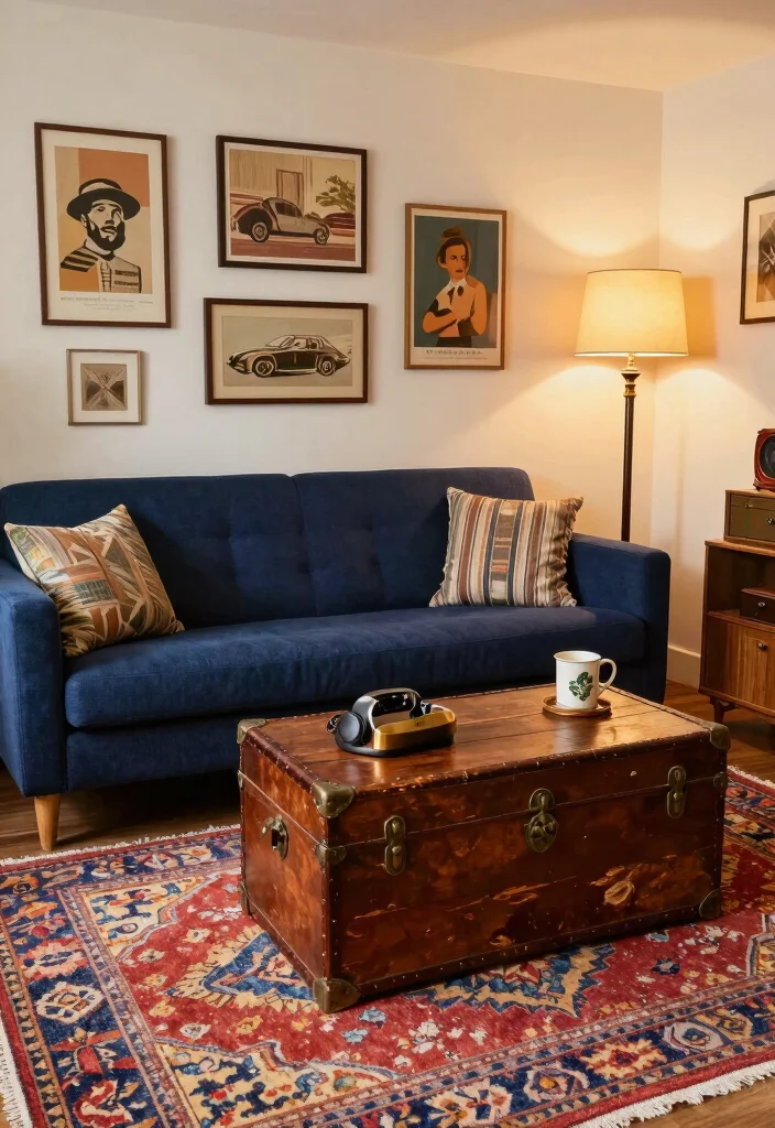 16 Navy Sofa Living Room Ideas: Classic Bold Contrast - 5. Vintage Vibes with Retro Accessories 1