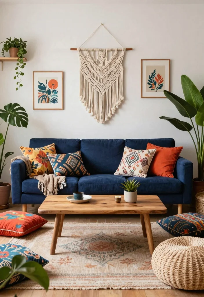16 Navy Sofa Living Room Ideas: Classic Bold Contrast - 7. Bohemian Flair with Eclectic Mix 1