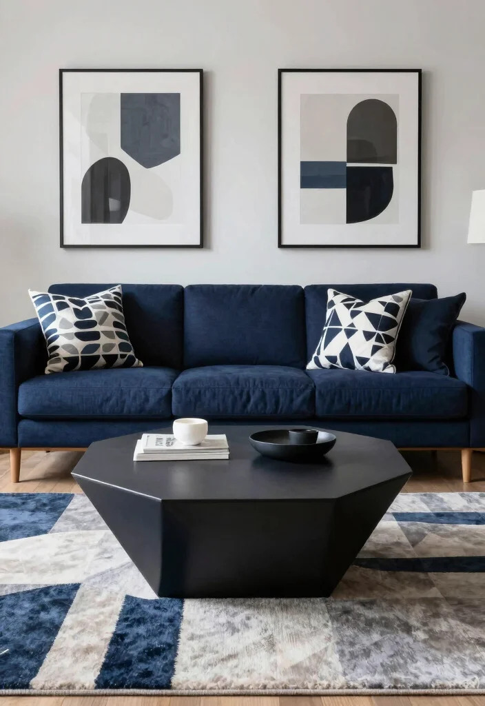 16 Navy Sofa Living Room Ideas: Classic Bold Contrast - 8. Modern Chic with Geometric Patterns 1