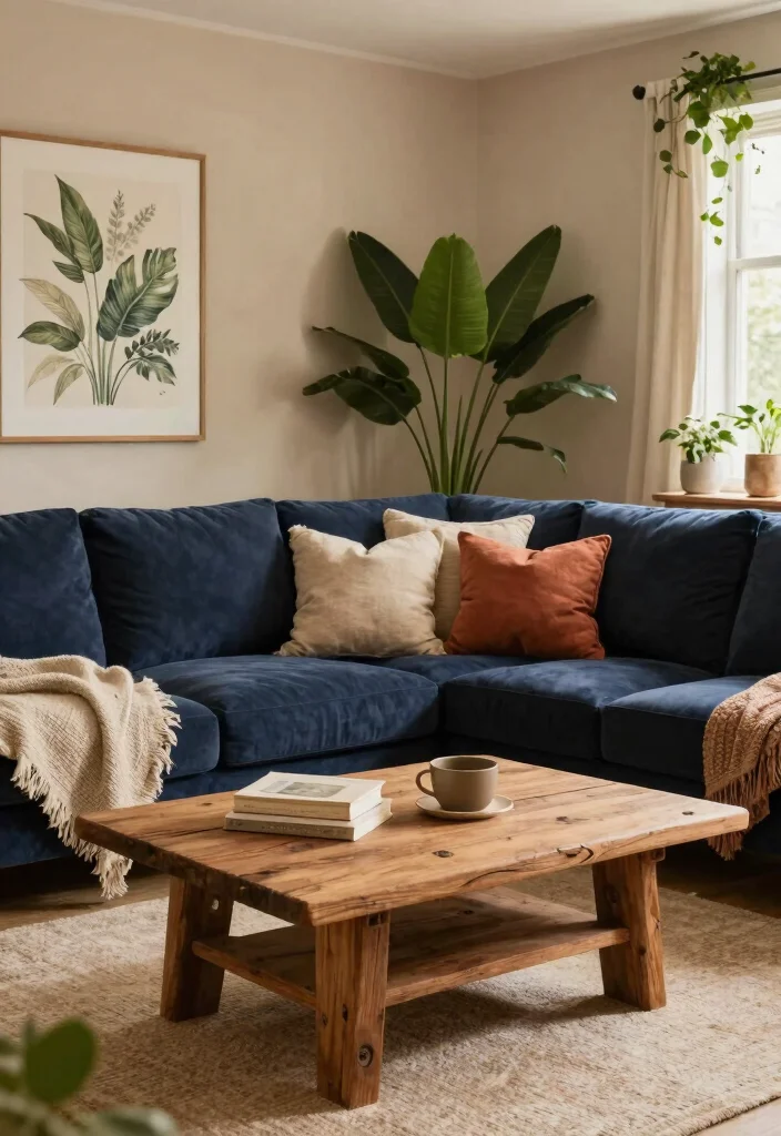 16 Navy Sofa Living Room Ideas: Classic Bold Contrast - 9. Warm Earth Tones with Navy Contrast 1