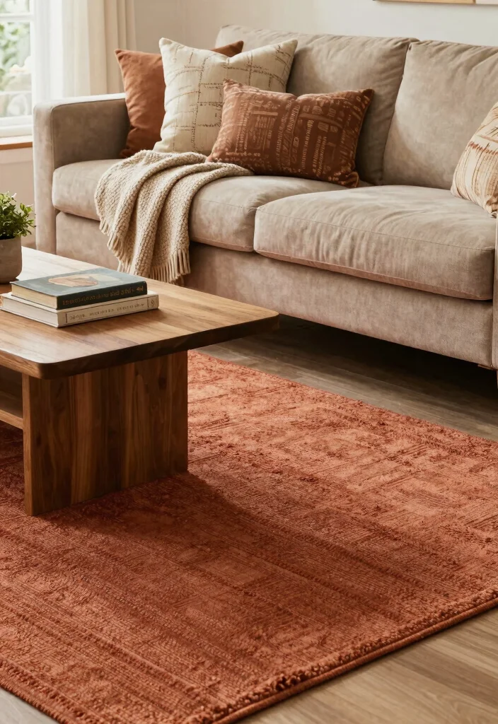 16 Terracotta Rug Living Room Ideas for Warm Earthy Charm - 1. Layering Textiles for Depth 1