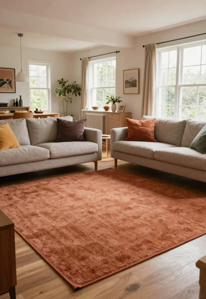 16 Terracotta Rug Living Room Ideas for Warm Earthy Charm - 11. Open Concept Flow 1