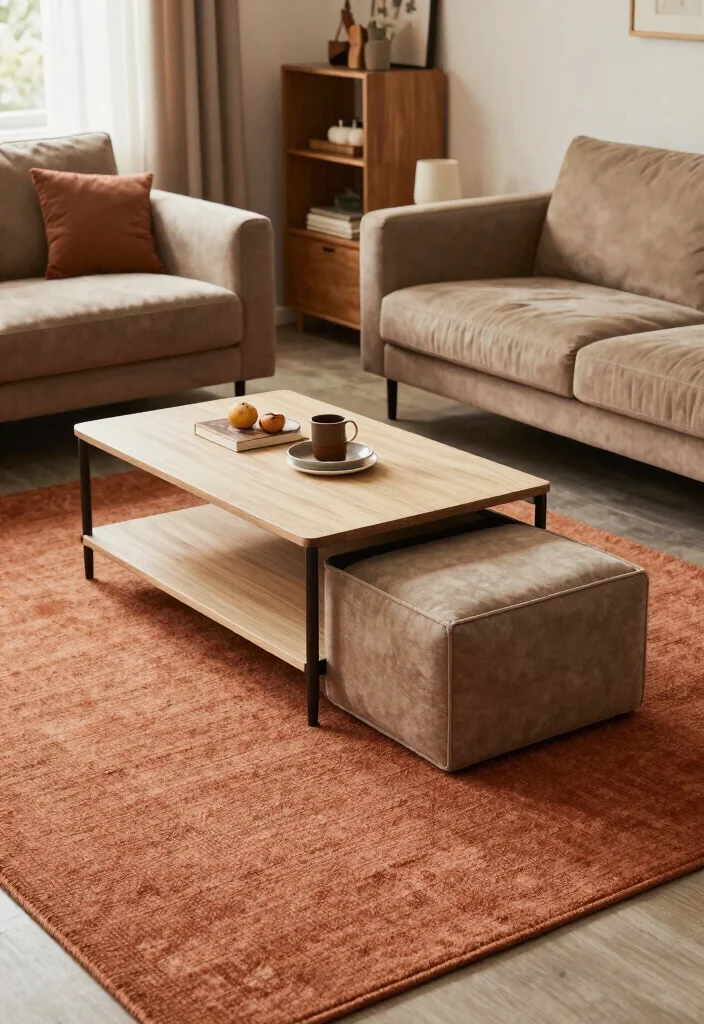 16 Terracotta Rug Living Room Ideas for Warm Earthy Charm - 13. Functional Furniture 1