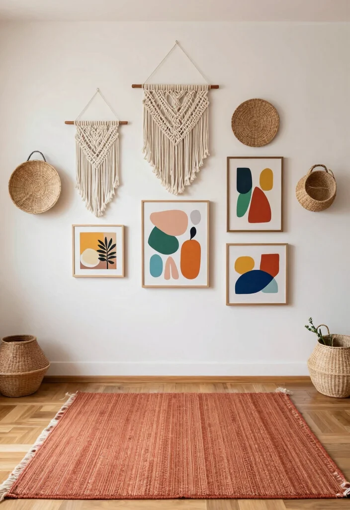 16 Terracotta Rug Living Room Ideas for Warm Earthy Charm - 3. Bohemian Wall Decor 1
