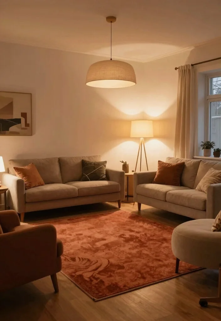 16 Terracotta Rug Living Room Ideas for Warm Earthy Charm - 6. Layered Lighting 1