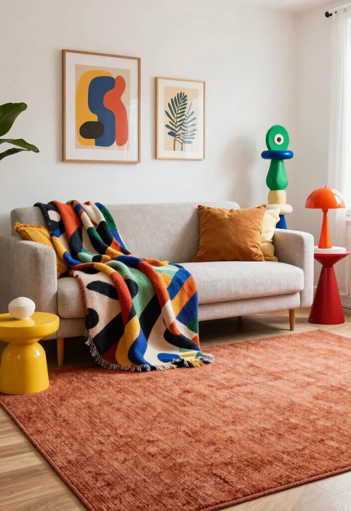 16 Terracotta Rug Living Room Ideas for Warm Earthy Charm - 7. Whimsical Accessories 1