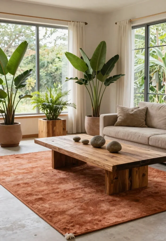 16 Terracotta Rug Living Room Ideas for Warm Earthy Charm - 8. Natural Elements 1