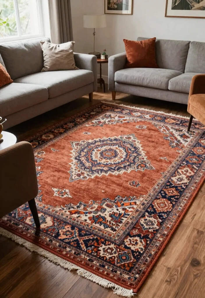 16 Terracotta Rug Living Room Ideas for Warm Earthy Charm - 9. Artistic Layering 1