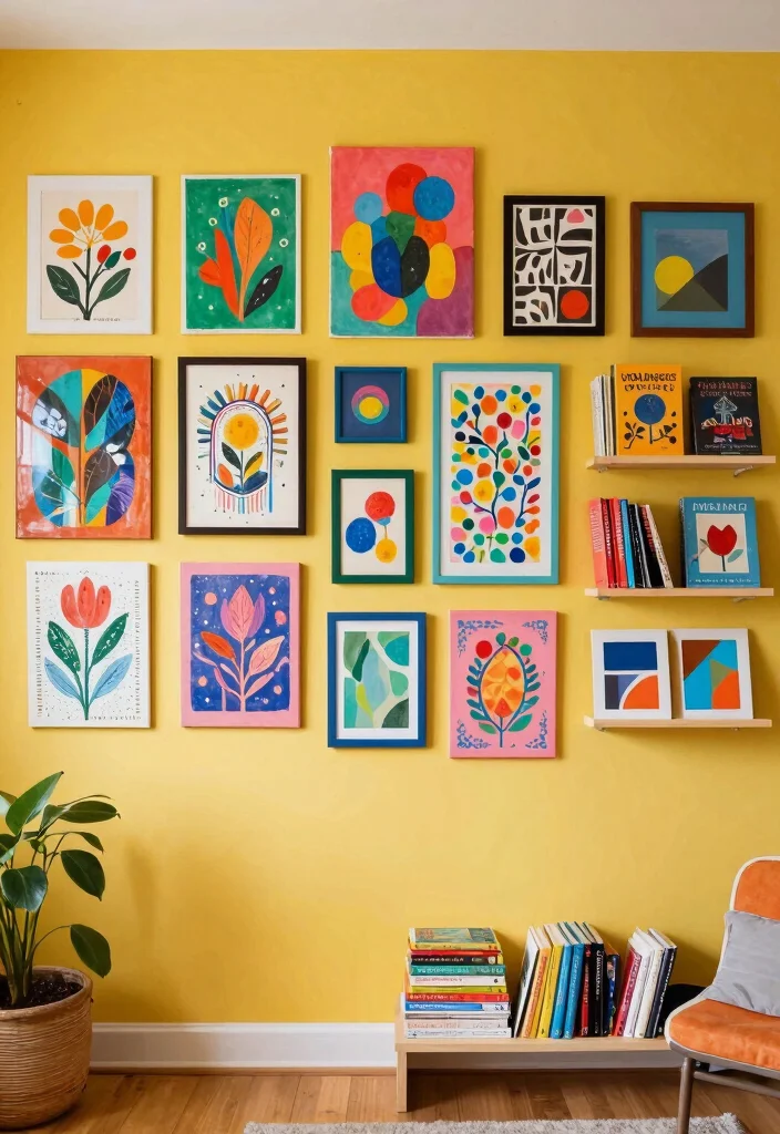 16 Yellow Wall Living Room Ideas: Cheerful Bold Accent - 10. Creative Wall Art 1
