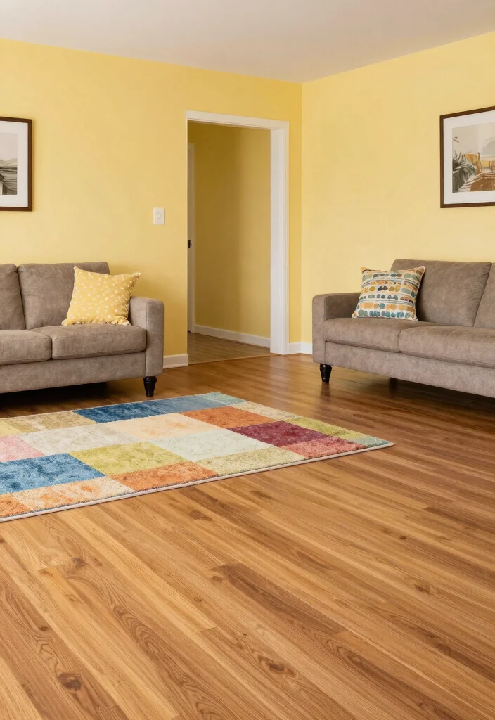 16 Yellow Wall Living Room Ideas: Cheerful Bold Accent - 12. Family-Friendly Flooring 1