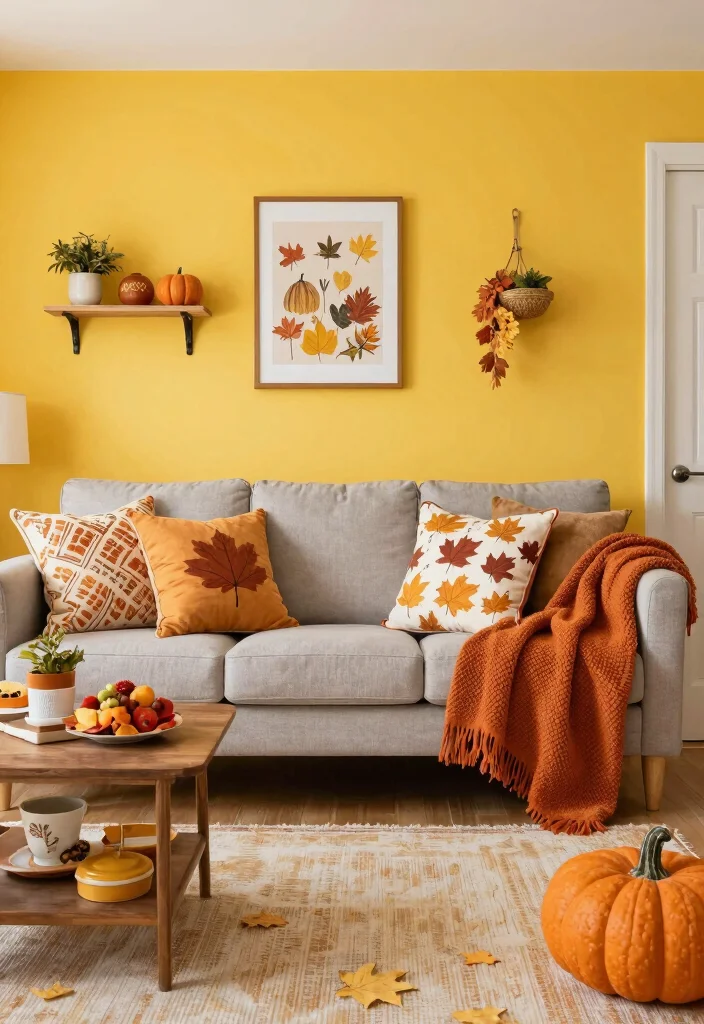 16 Yellow Wall Living Room Ideas: Cheerful Bold Accent - 14. Seasonal Decor Swaps 1