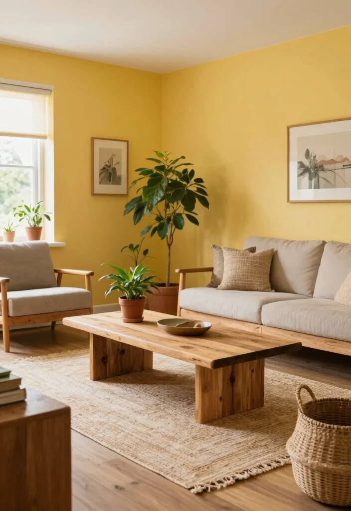 16 Yellow Wall Living Room Ideas: Cheerful Bold Accent - 4. Natural Elements 1