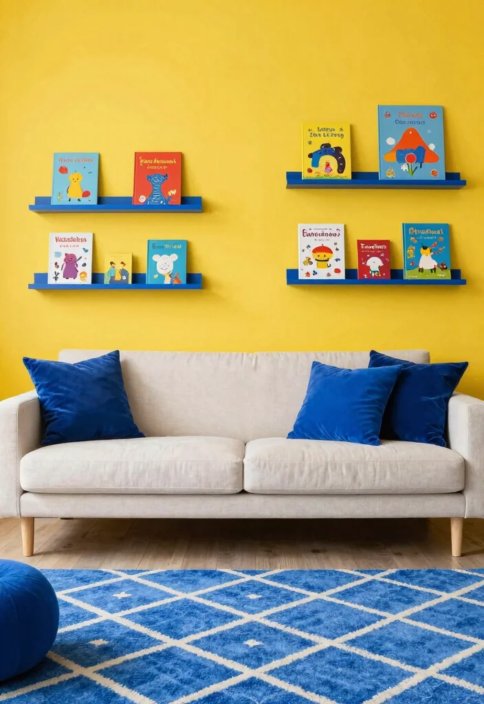 16 Yellow Wall Living Room Ideas: Cheerful Bold Accent - 5. Bright Blue Complement 1