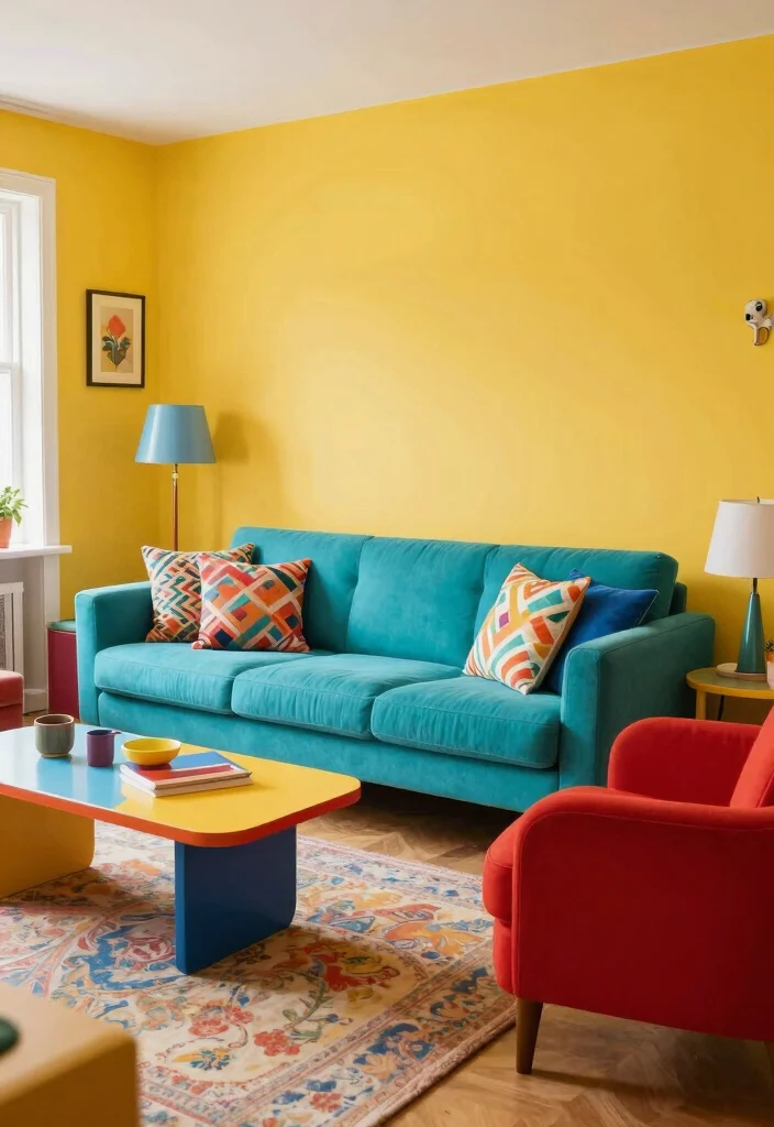 16 Yellow Wall Living Room Ideas: Cheerful Bold Accent - 7. Bright and Bold Furniture 1